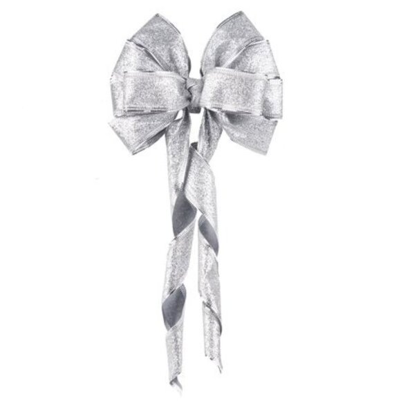 Silver Glitter 10 Loop Bow Tree Topper Long Streamers Christmas Decor - Picture 2 of 3